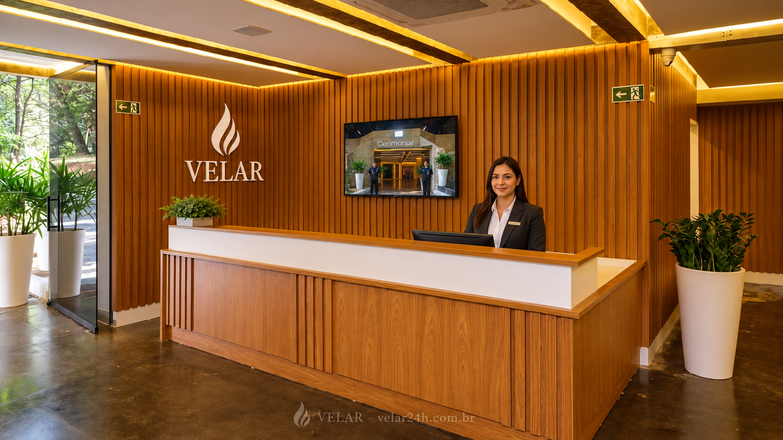Ilustração de atendimento na recepção com identificação da Velar